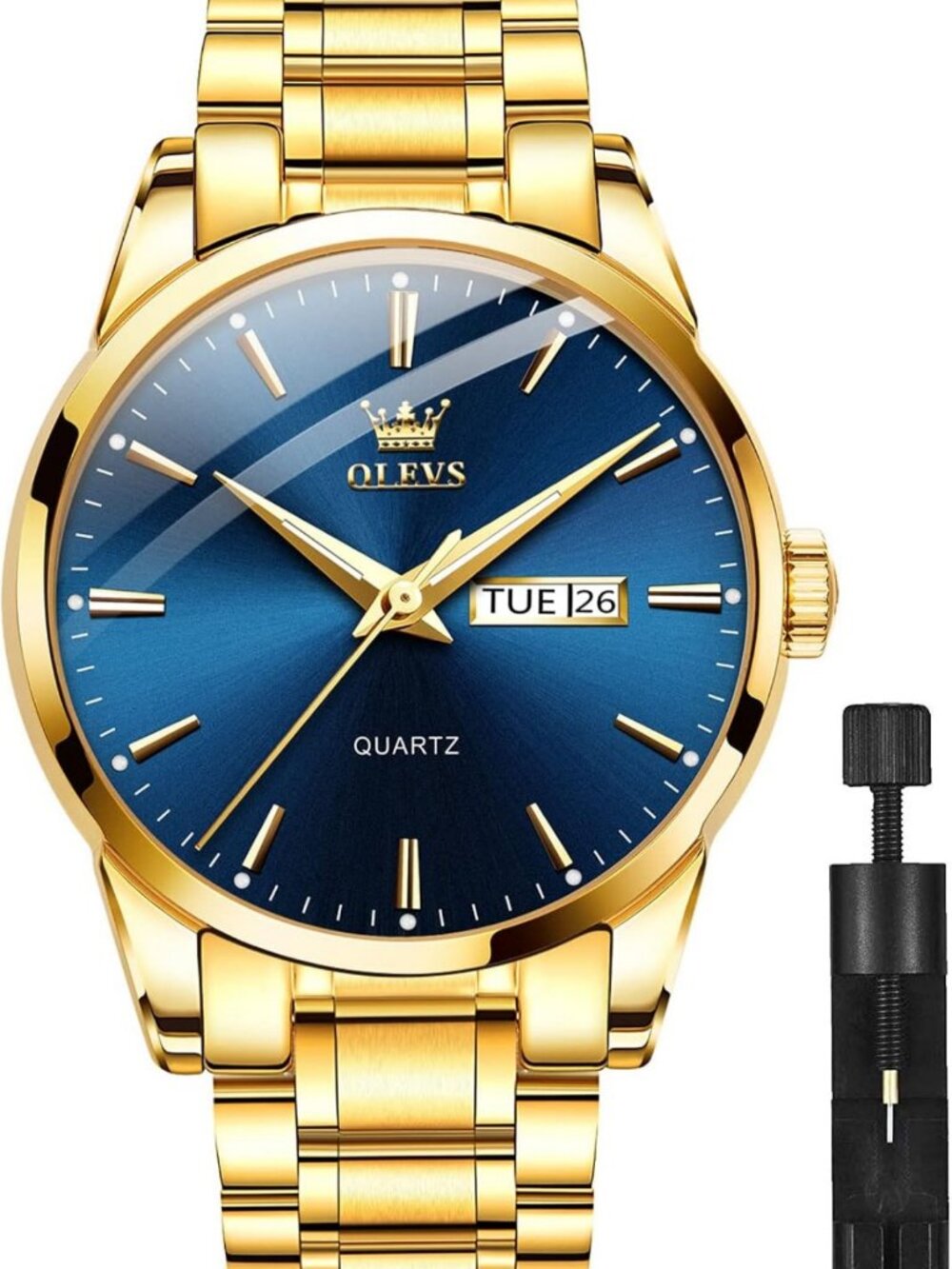 Luxury Men's Big Face Stainless Steel Gold Watch with Day Date Feature